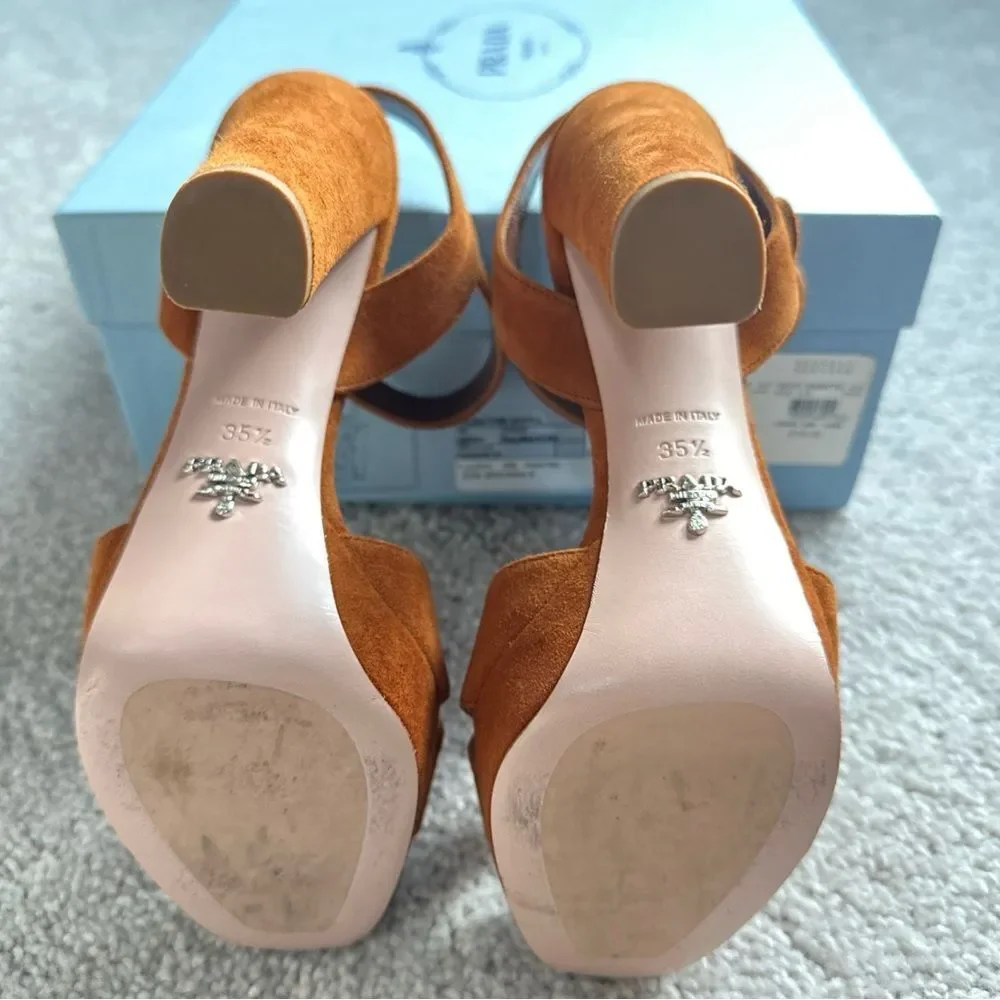 100% AUTHENTIC PRADA WOMENS CAMOSCIO SUEDE PLATFORM HEELED SANDALS SZ 5.5